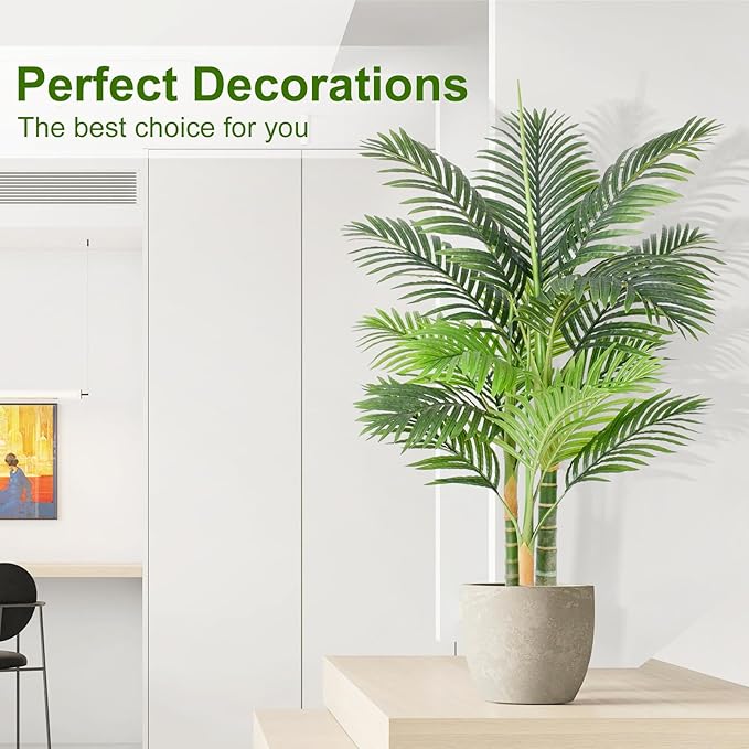 4ft Tall Triple Golden Cane Palm Artificial Tree 48" Large Tropical Palm Tree UV Resistant Fake Tree in Pot for Indoor Outdoor Big House Living Room Outside Patio Office Home Decor 2Pack