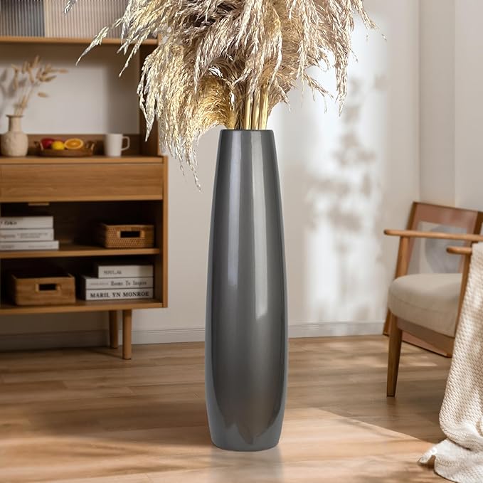 Silvery Ceramic Tall Floor Vase,28 Inch Large Modern Flower Vases for Home Décor,Wicker Big Floor Vase Decorations for Farmhouse, Living Room,Bedroom,Standing Plastic Vase Decorative Tall