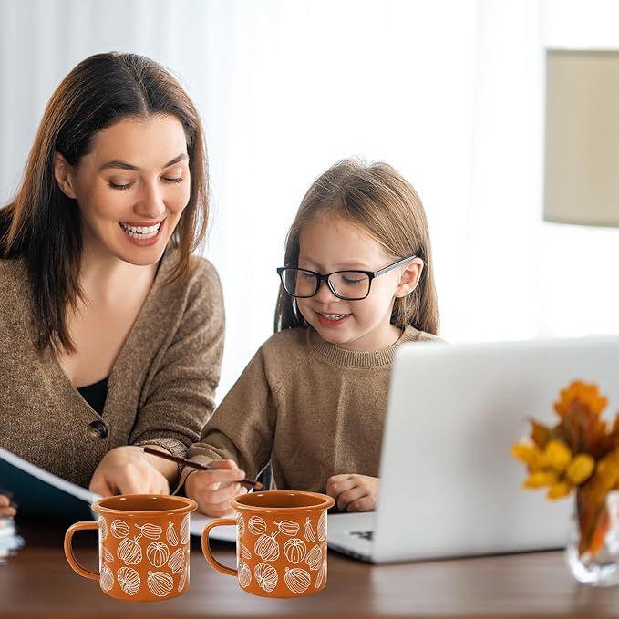 Whaline 2Pcs Fall Mini Coffee Mugs 12oz Hello Pumpkin Enamel Cup with Handle Orange Autumn Pumpkin Drinking Mug for Birthday Party Favor Supplies
