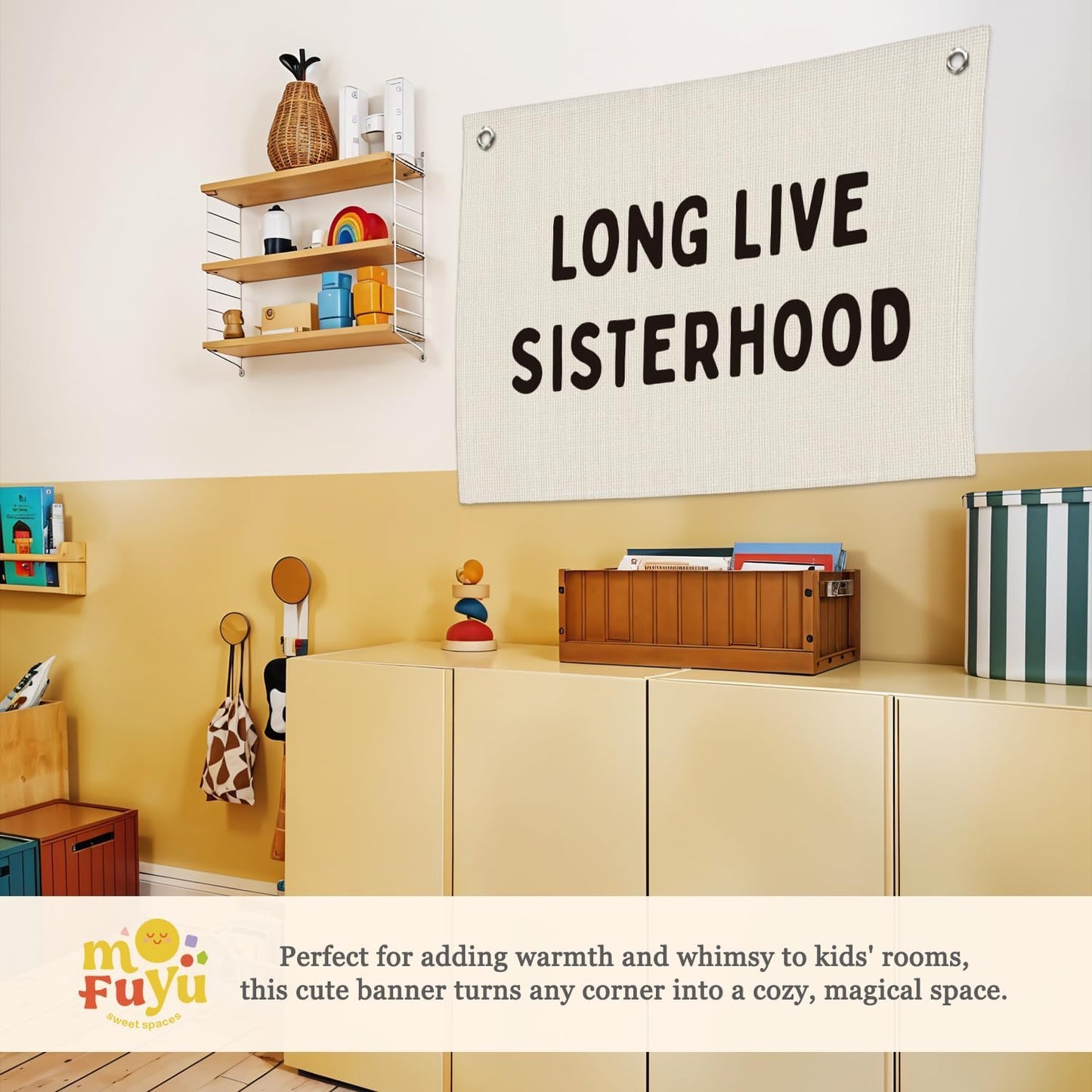 Girls Room Decor–Long Live Sisterhood Linen Canvas Banner, Wall Hanging for Nursery, Playroom, Teen Girl Bedroom 20x30 Inch