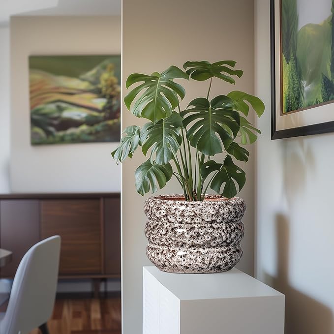 SQOWL Ceramic Pots for Plants - 10 Inch Plant Pot with Drainage Hole, Ceramic Planter for Indoor Plants, Round Flower Pots Outdoor, Modern Planter, House Home Room Decor, Gifts for Plant Lover, White