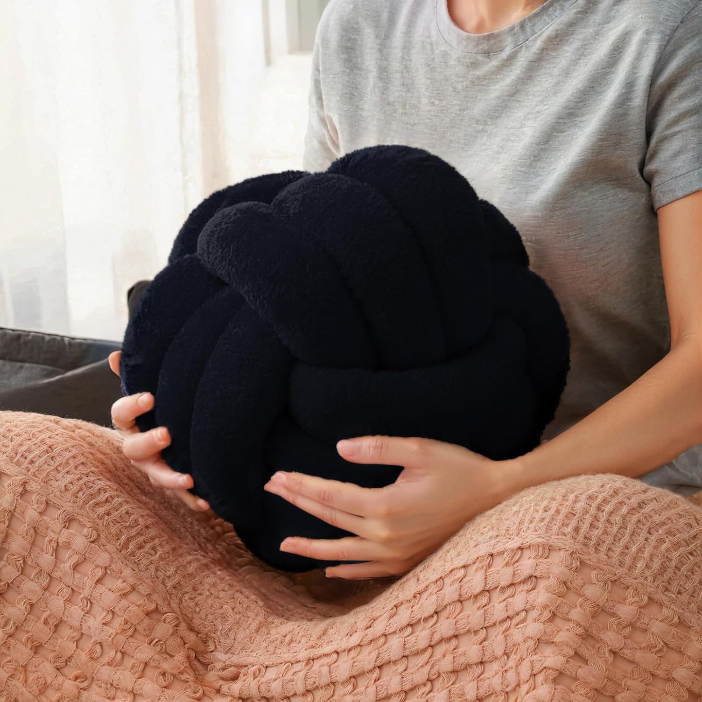 Knot Pillow Ball Plush - Decorative Throw Pillows for Bed Stress Relief, Round Knot Cushion for Sofa Decor Pet Toy, Black 12 inch