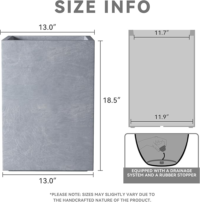 Kante 18.5" H Tall Rectangular Concrete Planters, Outdoor Indoor Lightweight Plant Pots with Drainage Hole and Rubber Plug, Modern Style for Home Garden Patio, Slate Gray