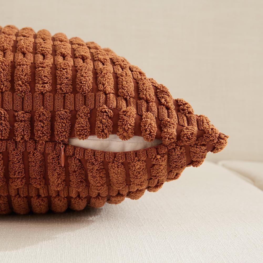 Fancy Homi 4 Packs Rust Decorative Throw Pillow Covers 18x18 Inch for Living Room Couch Bed Sofa, Terracotta Rustic Farmhouse Boho Home Decor, Soft Plush Striped Corduroy Square Cushion Case 45x45 cm