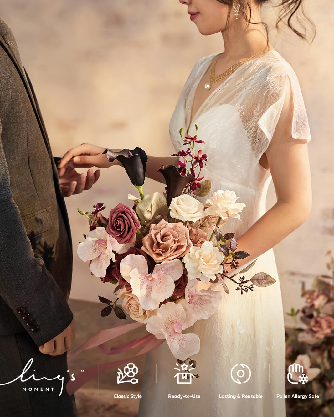 Ling's moment Dusty Rose Wedding Bouquets for Bride, Pink Bridal Bouquets for Bride, 13 Inch Free Form Artificial Wedding Flower Bouquet