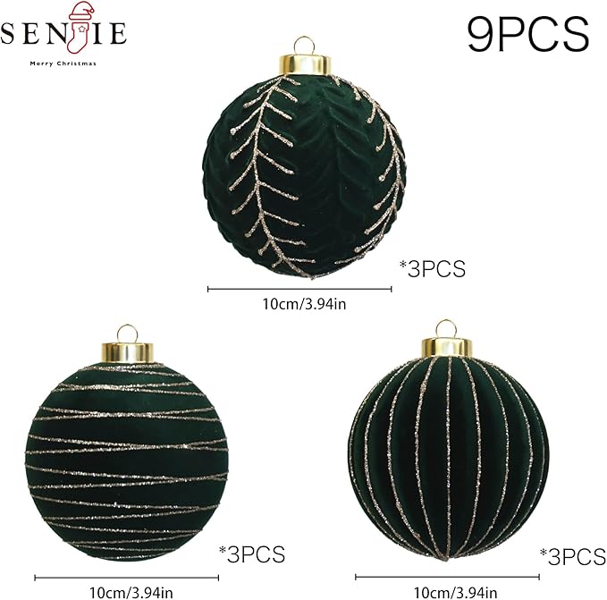 4inch Velvet Ornaments for Christmas Tree, 9PCS Glitter Flocked Christmas Ornaments Decorations Balls Set Decor Green