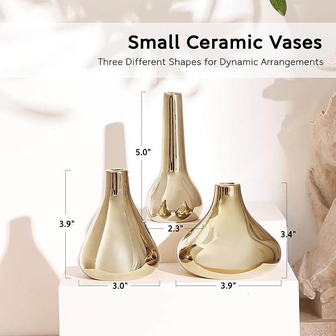 Port&Petal Brass Vases (Set of 3) - Small Bud Vases 3.5-5" Tall With Reflective Finish | Home Accent for Living Room, Table Decor, Wedding Centerpiece