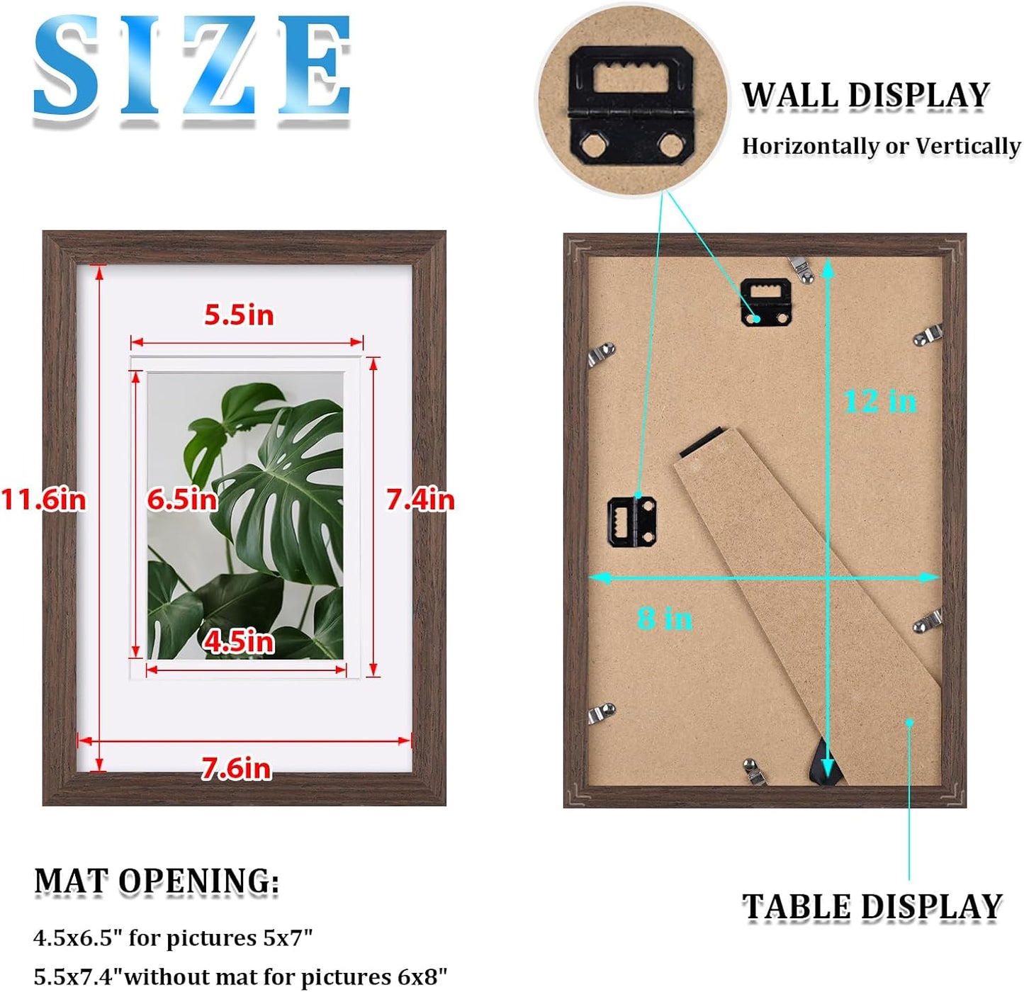 Egofine 8x12 Picture Frames Set of 4, Made of Solid Wood Covered by Plexiglass 5x7 and 6x8 with Mat or 8x12 without Mat, for Table Top Display and Wall Mounting Photo Frame Brown