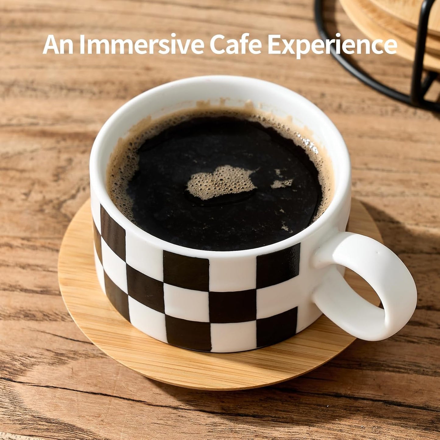 LUKA 6 Ounce Ceramic Stackable Black and White Checkered Espresso Cups with Saucers and Metal Stand Set of 4, Cappuccino Cups Set for Coffee Drinks, Latte, Cafe Mocha and Tea, White Interior