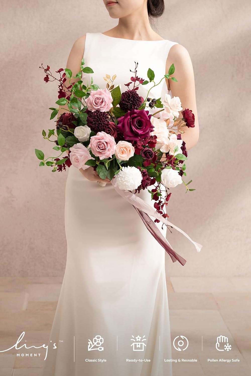 Ling's moment Burgundy Wedding Bouquets for Bride, Marsala Bridal Bouquets for Bride, 17 Inch Free Form Artificial Wedding Flower Bouquet