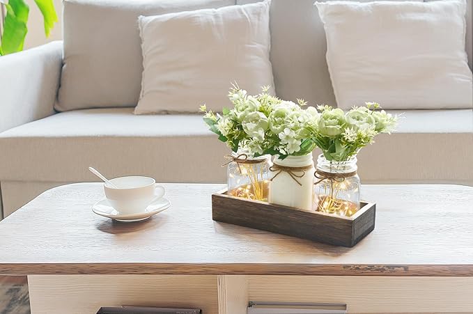 Mkono Mason Jar Lights Centerpiece Table Decorations for Dining Room Farmhouse Coffee Table Decor Wood Tray with 3 Jars Flowers for Kitchen Living Dining Room (Light Green)