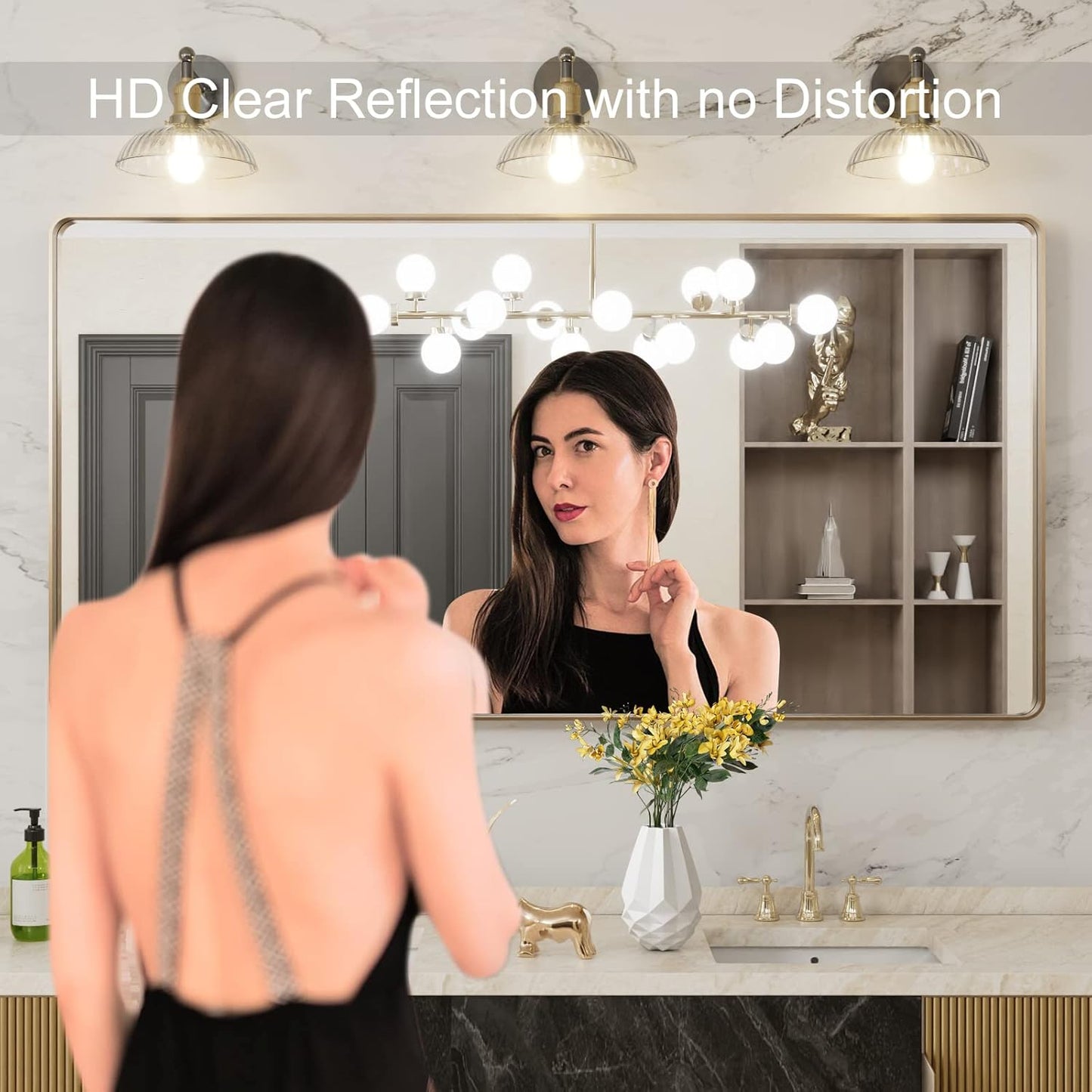 LOAAO 60”X30” Gold Bathroom Mirror, Rounded Rectangle Gold Frame Mirror, Brushed Gold Bathroom Vanity Mirror Wall-Mounted, Anti-Rust, Tempered Glass, Hangs Horizontally or Vertically