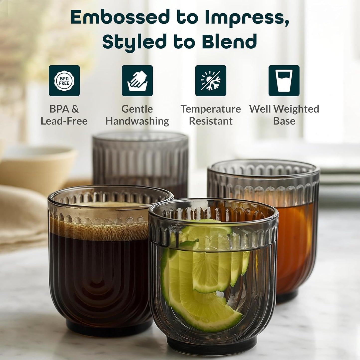 Glaver's Vintage Glassware Art Deco Glasse Ribbed Drinking Glasses U-Shape Arch Design Colored Cocktail Kitchen Tumblers Everyday Dinner Decorative Party, (Smoke S/4 11oz)