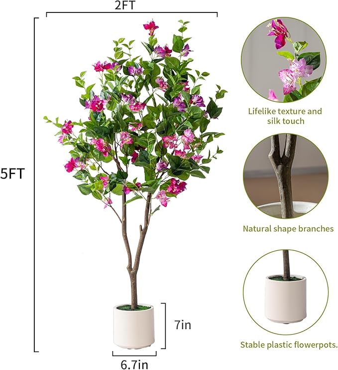 5FT Artificial Bougainvillea Tree Artificial Tree Tall Potted Fake Bougainvillea Trees for Outdoor Indoor Lifelike Potted Faux Plants with Wood Trunk and Flowers Office Wedding Home Decor
