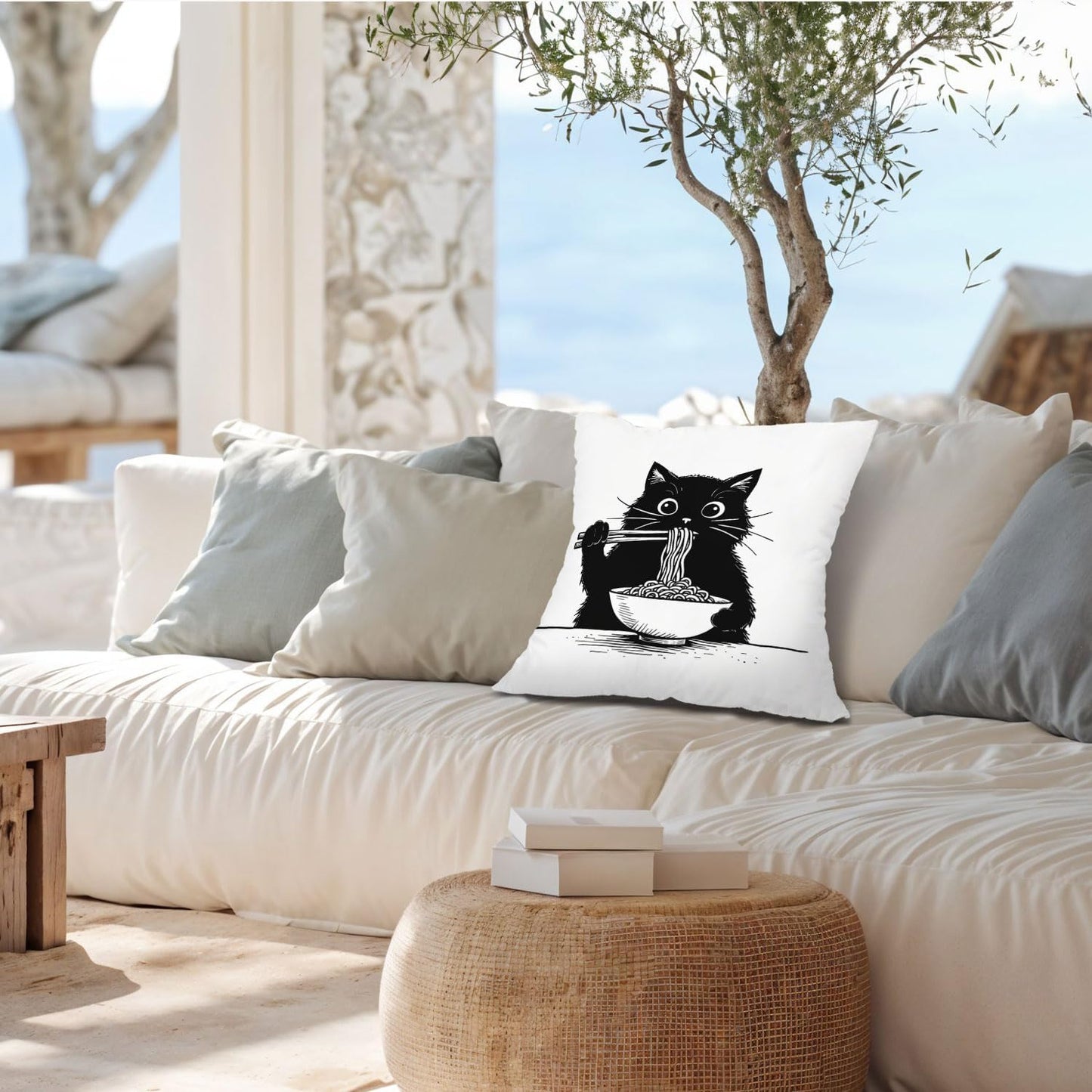 Funny Black Cat Pillow Covers 18x18, Cat Room Decor, Cute Black Kitten Eating Japanese Noodles Decorative Throw Pillow Covers Pillowcases for Bedroom Living Room Home Decor