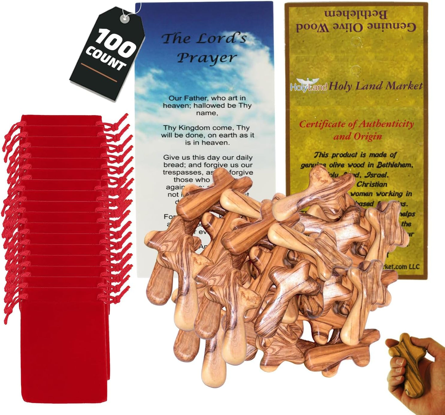 Holy Land Market Comfort/Holding Cross Also Known as Palm or Hand Cross With Velvet Bag And Two Certificates (4 Inches) (100)