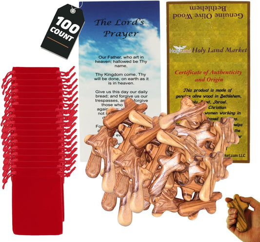 Holy Land Market Comfort/Holding Cross Also Known as Palm or Hand Cross With Velvet Bag And Two Certificates (4 Inches) (100)