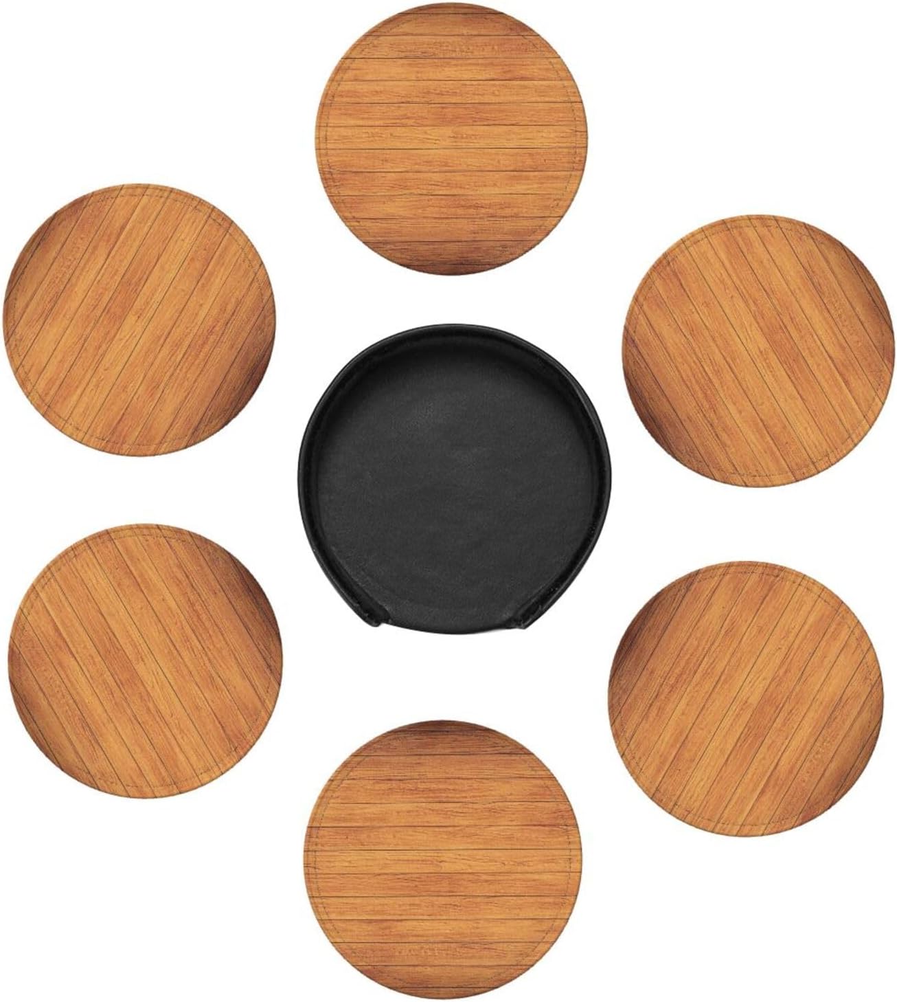Drink Coasters with Holder Stand Set of 6, Ivy Wood Grain Board Pu Leather Absorbent Coasters with Cork Base Table Round Coaster for Housewarming Apartment Kitchen Bar Decor