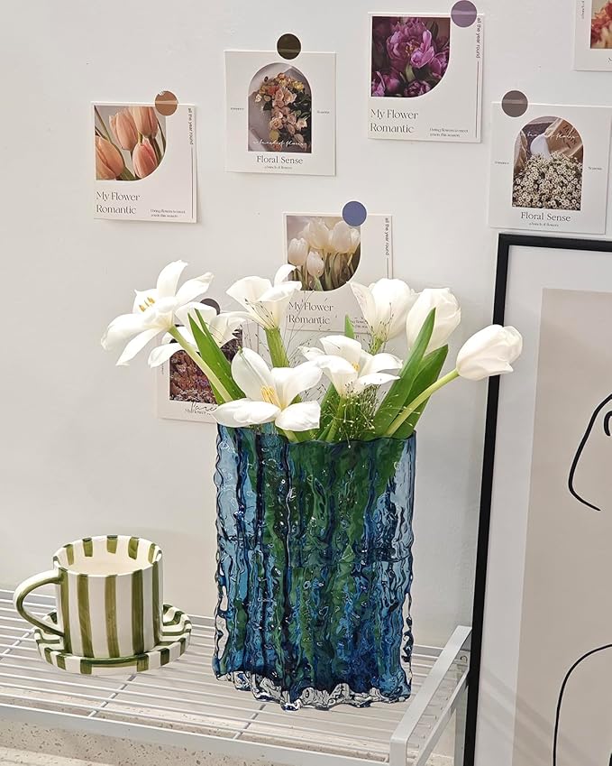 Glass Vase for Centerpieces, Diamond Shaped Vase for Flower, Modern Glacier Glass Vase for Home, Office Restaurant Desk Decor 8.3 Inch(Blue)