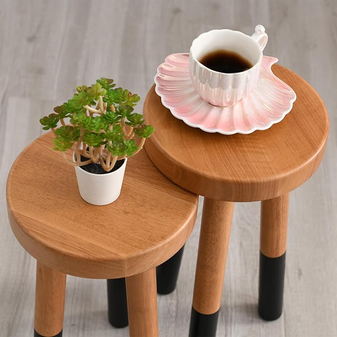 Rubber Wood 9" Round Plant Stand |Dip Dyed Black Accent Stool |Milking Stool |Small Side Table(16" H)