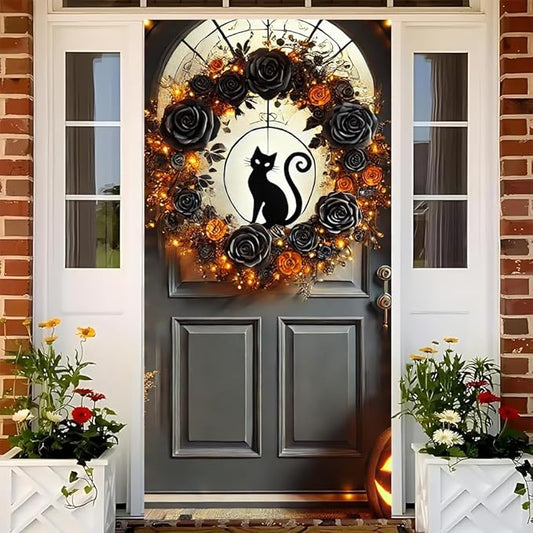 2D flat Halloween Pumpkin Black Cat Door Cover – Spooky Door Banner for October Front Porch Party, Christmas Themed Hanging Decorations for Indoor, 71x35 Inch