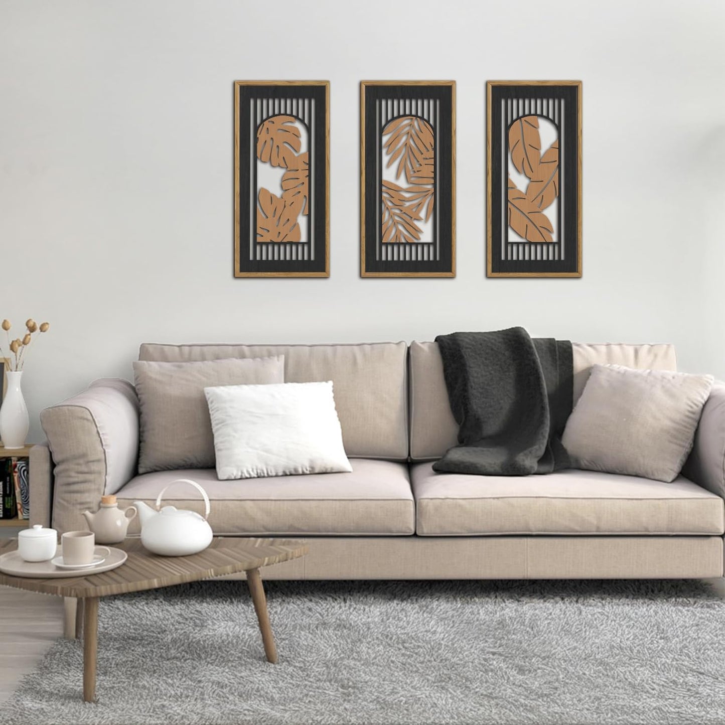 KAIRNE Rustic Tropical Wall Decor, Palm Leaf Wooden Sign for Bathroom, Vintage Leaf Plant Hanging Wood Plaque Rustic Wall Art Nature Picture for Living Room Decoration3 pcs(8x16Inch)