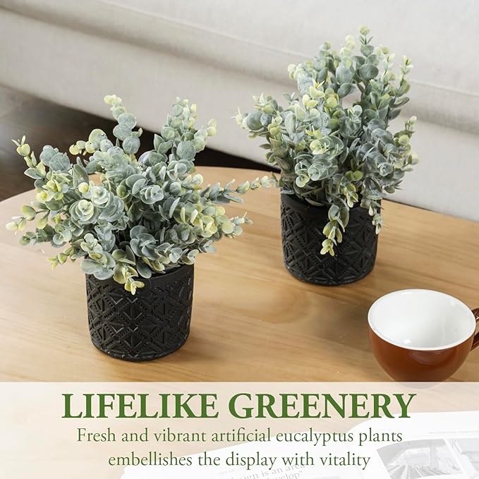 MyGift Artificial Eucalyptus Plant in Modern Gray Concrete Pots with Geometric Embossed Pattern (2, Black)