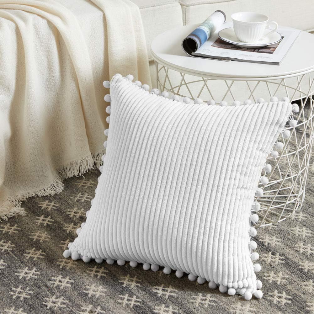 Fancy Homi Pack of 2 White Boho Decorative Throw Pillow Covers with Pom-poms, Soft Corduroy Solid Square Cushion Cases Set for Couch Living Room Bedroom Sofa Car (18x18 Inch/45x45 cm, Pure White)