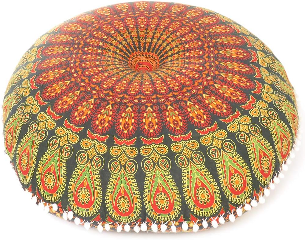 Eyes of India - Mandala Floor Pillow Cover Meditation Cushion Seating Throw Hippie Round Colorful Decorative Bohemian Indian Pouf Ottoman Handmade Cover ONLY (A1 Green, 32" x 32")