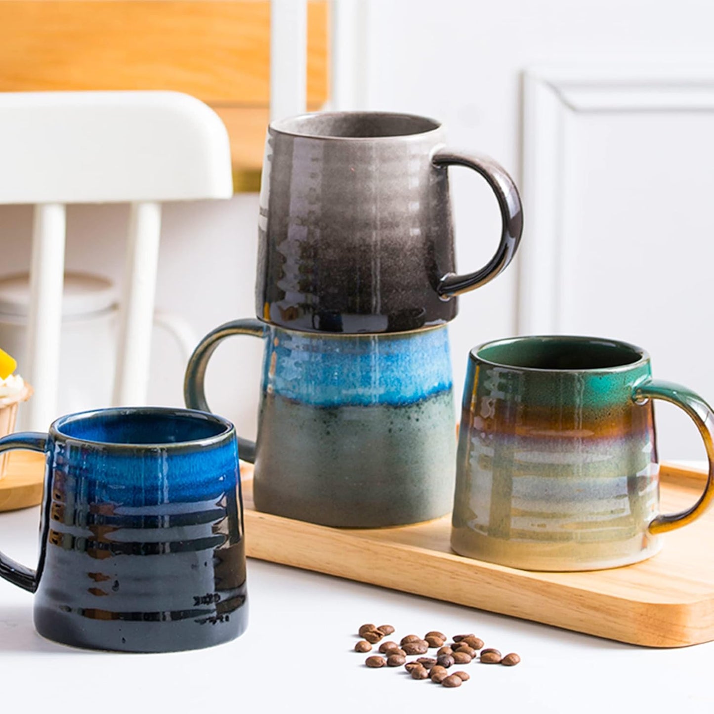 Large Ceramic Coffee Mugs, Handmade Pottery Mug, Tea Cups with Handle for Office and Home, 16 oz, Dishwasher and Microwave Safe (Blue)