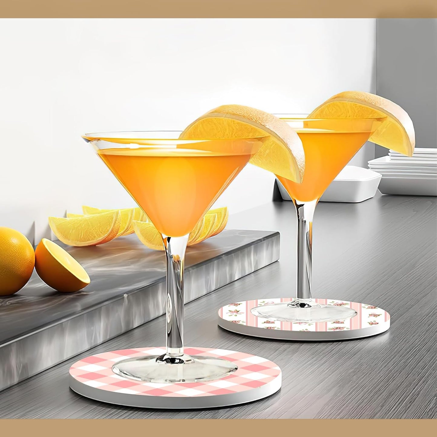 Drink Coasters,6 Pcs Shabby Chic Flower Coffee Cup Mat with Storage Holder, Durable Ceramic Coaster Set for Hot & Cold Beverages