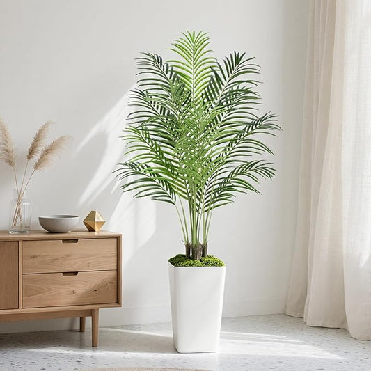 5ft Artificial Palm Tree with White Planter-Tall Artificial Indoor Plants, Fake Tropical Palm Tree, Faux Silk Plants for Home Office Living Room Bedroom Modern Decor