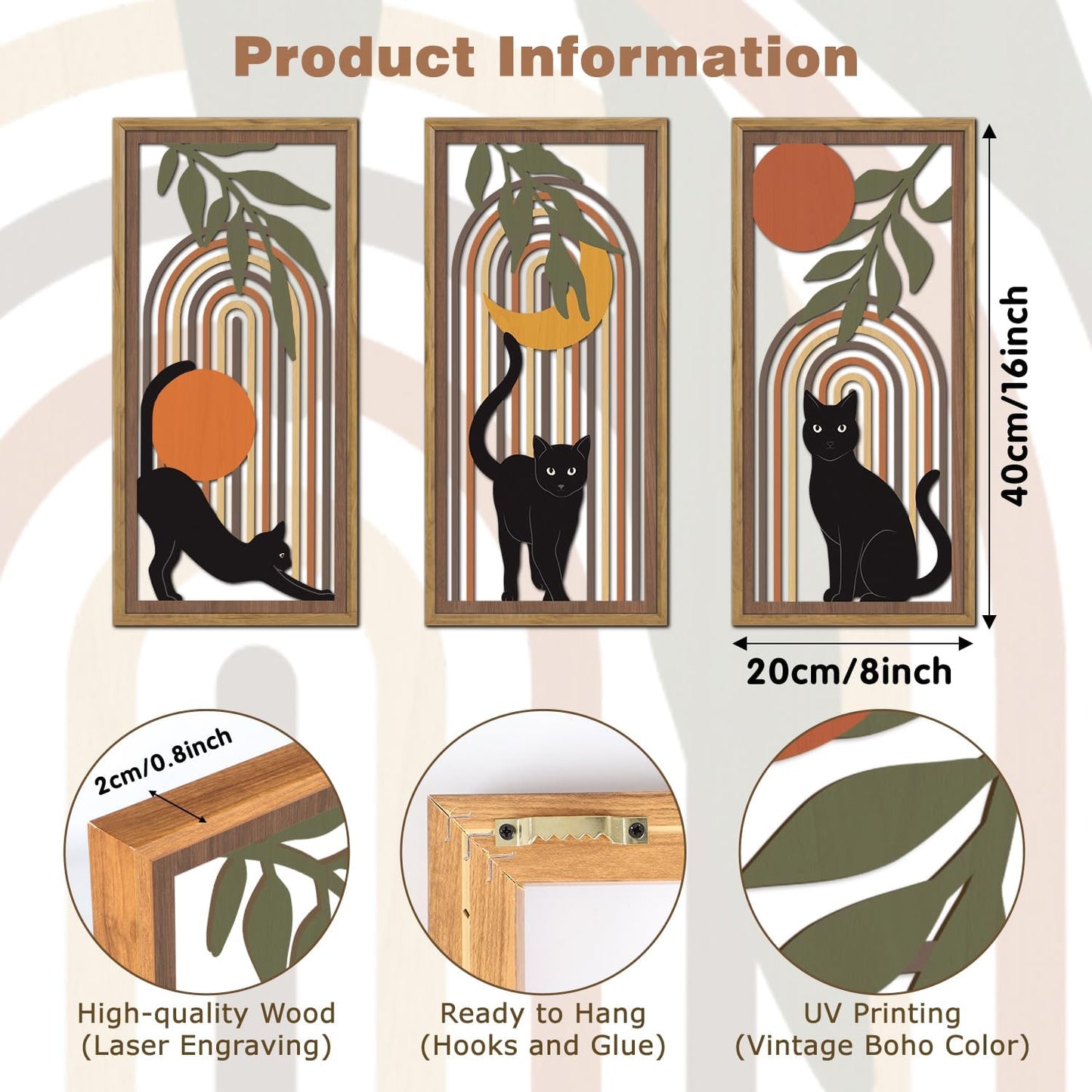 KAIRNE Boho Black Cat Wall Decor,Mid Century Bohemian Wooden Wall Art Set of 3(16”X8”),Farmhouse Geometric Hanging Wood Wall Decor,Abstract Moon Sun Leaves for Living Room Bedroom Nursery Decoration