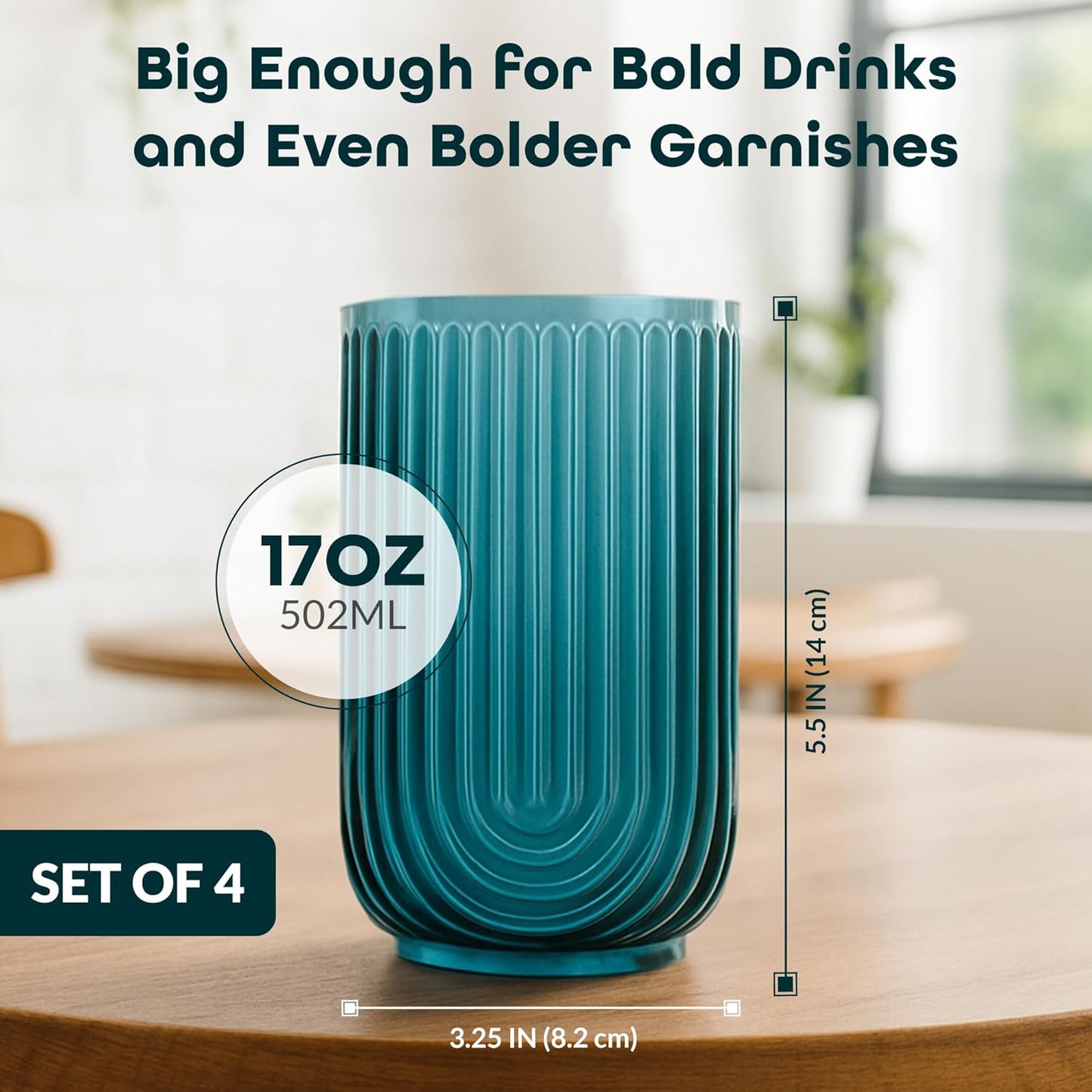 Glaver's Vintage Glassware Art Deco Glasse Ribbed Drinking Glasses U-Shape Arch Design Colored Cocktail Kitchen Tumblers Everyday Dinner Decorative Party, Blue (Blue S/4 17oz)