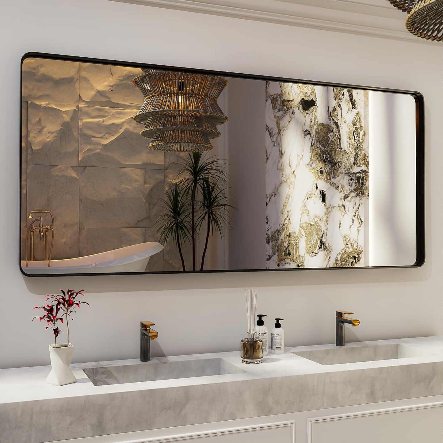 ISKM Large Black Framed Mirror for Bathroom 72" x 32" Wall Mounted Mirror Black Metal Framed Bathroom Mirror for Wall Round Corner (Horizontal/Vertical)