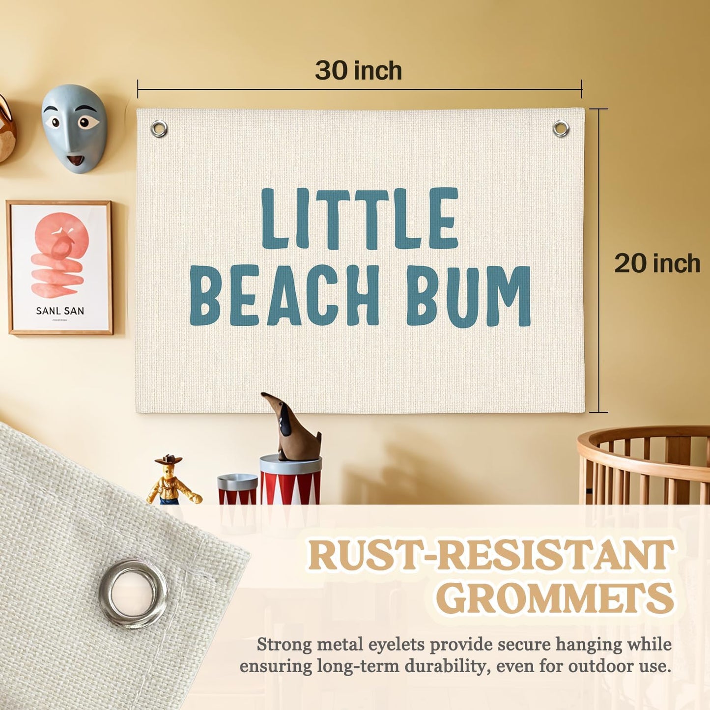 Little Beach Bum Canvas Banner - Coastal Nursery Wall Decor for Baby and Kids Room Nursery Playroom, Beach Theme Wall Hanging, Summer Surf Vibes, 30x20 Inch