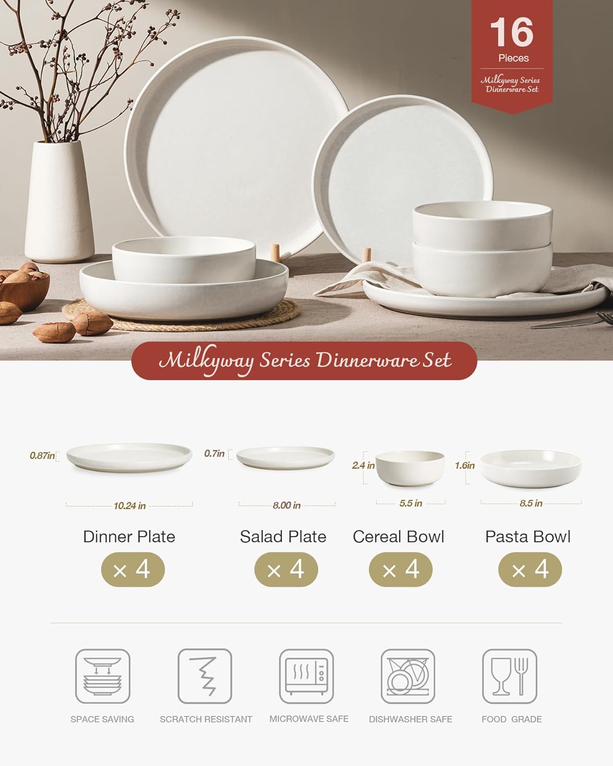 Famiware Milkyway Stoneware Dinnerware Sets with Pasta Bowls, Service for 4 (16 Pieces), Reactive Glaze Plates and Bowls Sets, Microwave and Dishwasher Safe Dishes Set, Matte Beige White