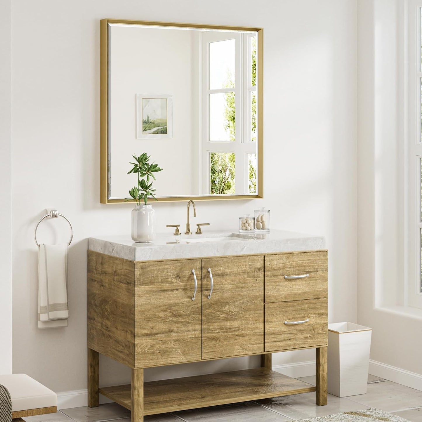 Gold Bathroom Mirror 36x36 Inch Square Beveled Bathroom Vanity Mirror Brushed Gold Framed Bathroom Mirror, Shatterproof Brushed Brass Metal Frame Mirror for Bathroom Wall