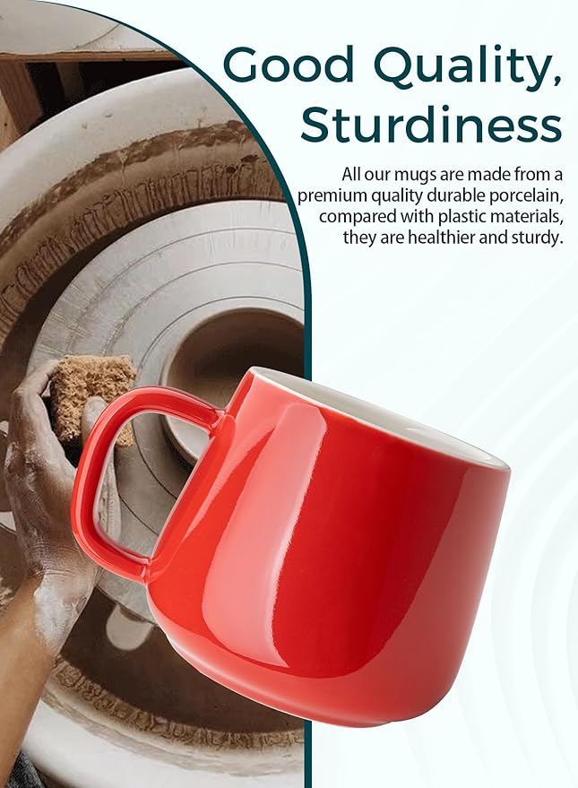 Teocera Ceramic Coffee Mug Set of 4-12 oz Coffee Mugs with Large Handles for Hot or Cold Drinks Like Latte, Cocoa, Tea or Juice - Smooth Ceramic, Dishwasher Safe, Red