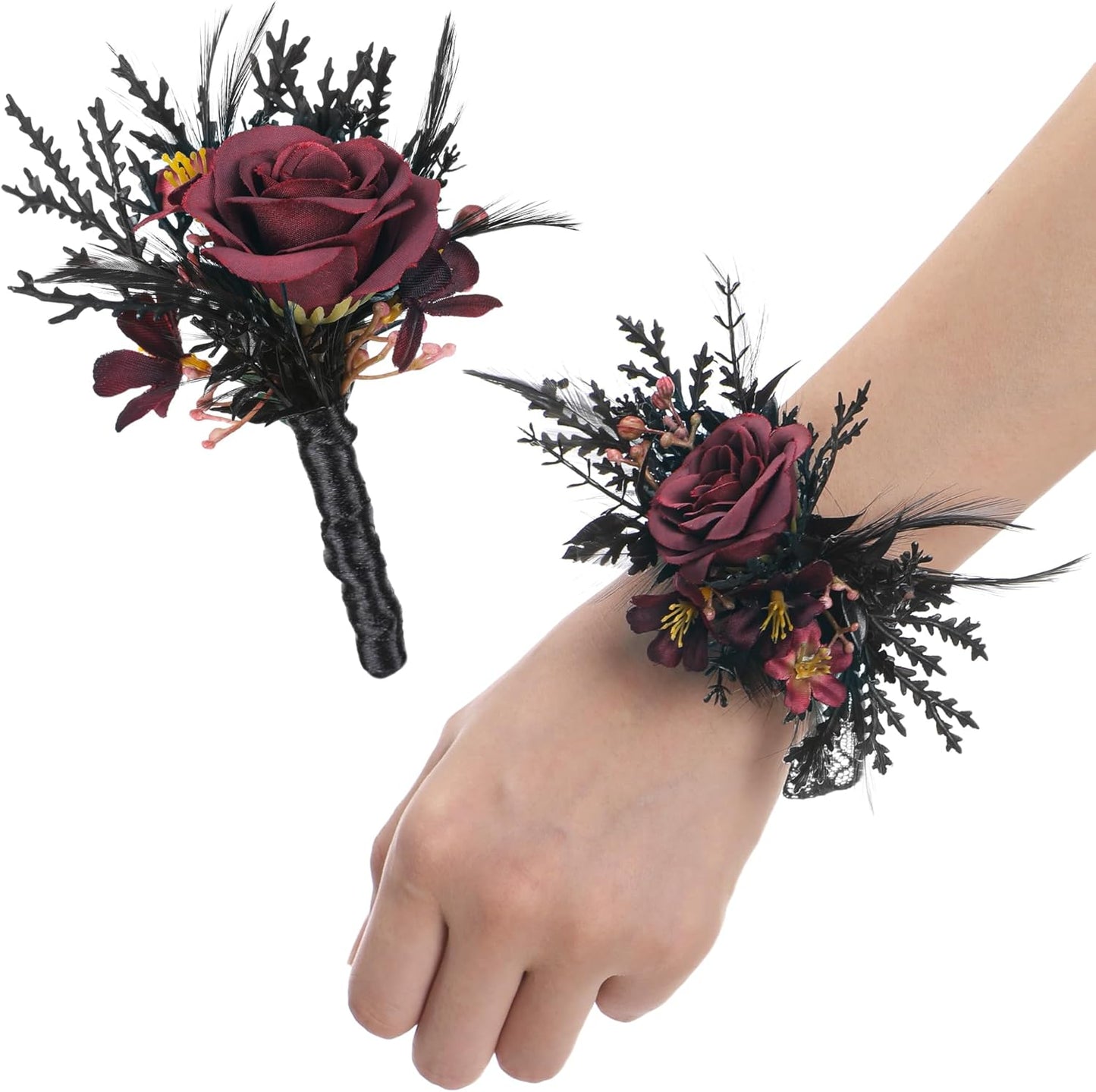 Corsage and Boutonniere Set - Black Wristlet for Men Prom Dark Wrist Corsage for Goth Wedding Ceremony