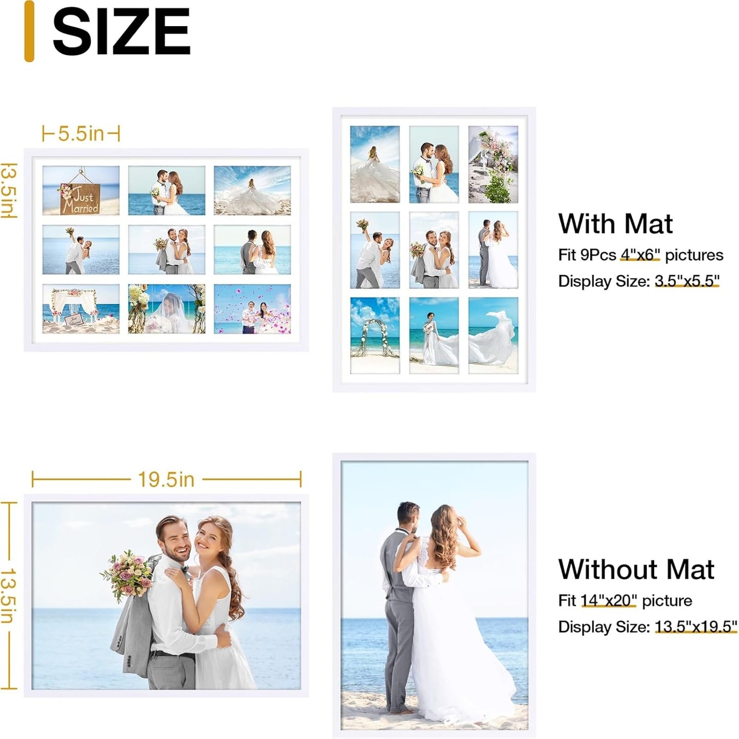decorUhome 14x20 Picture Frames Collage Wall Decor, Display 9Pcs 4x6 Photos with Mat or 1Pcs 14x20 Unmatted, 9 4x6 Collage Picture Frames for Wall Mounting, White