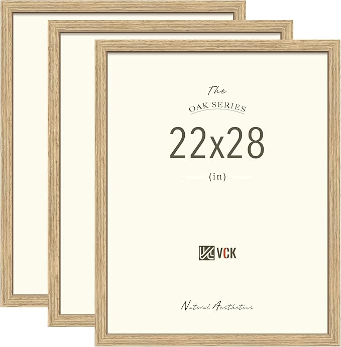 VCK 22x28 Poster Frame Set of 3 - Oak, Natural Solid Wood, Exclusive Wood Grain Picture Frame, Wall Hanging