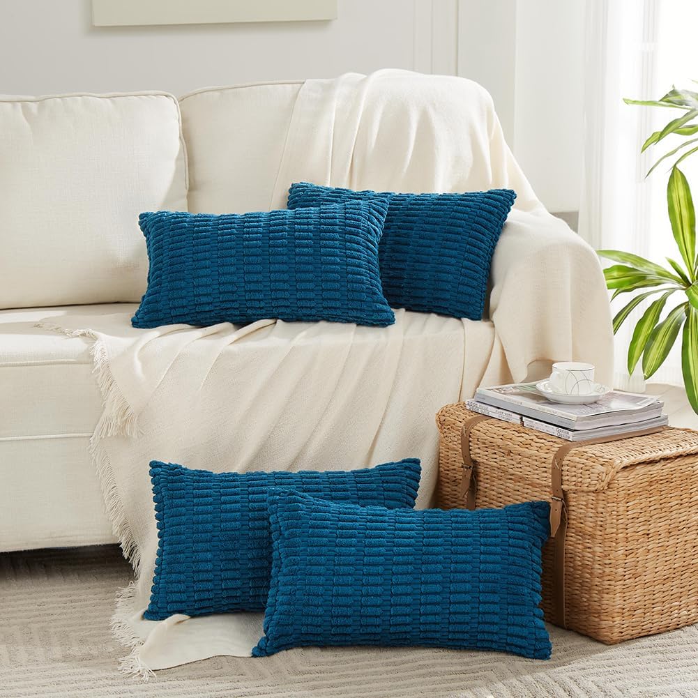 Fancy Homi 4 Packs Teal Lumbar Decorative Throw Pillow Covers 16x24 Inch for Living Room Couch Bed Sofa, Farmhouse Boho Home Decor, Soft Striped Corduroy Rectangle Cushion Case 40x60 cm
