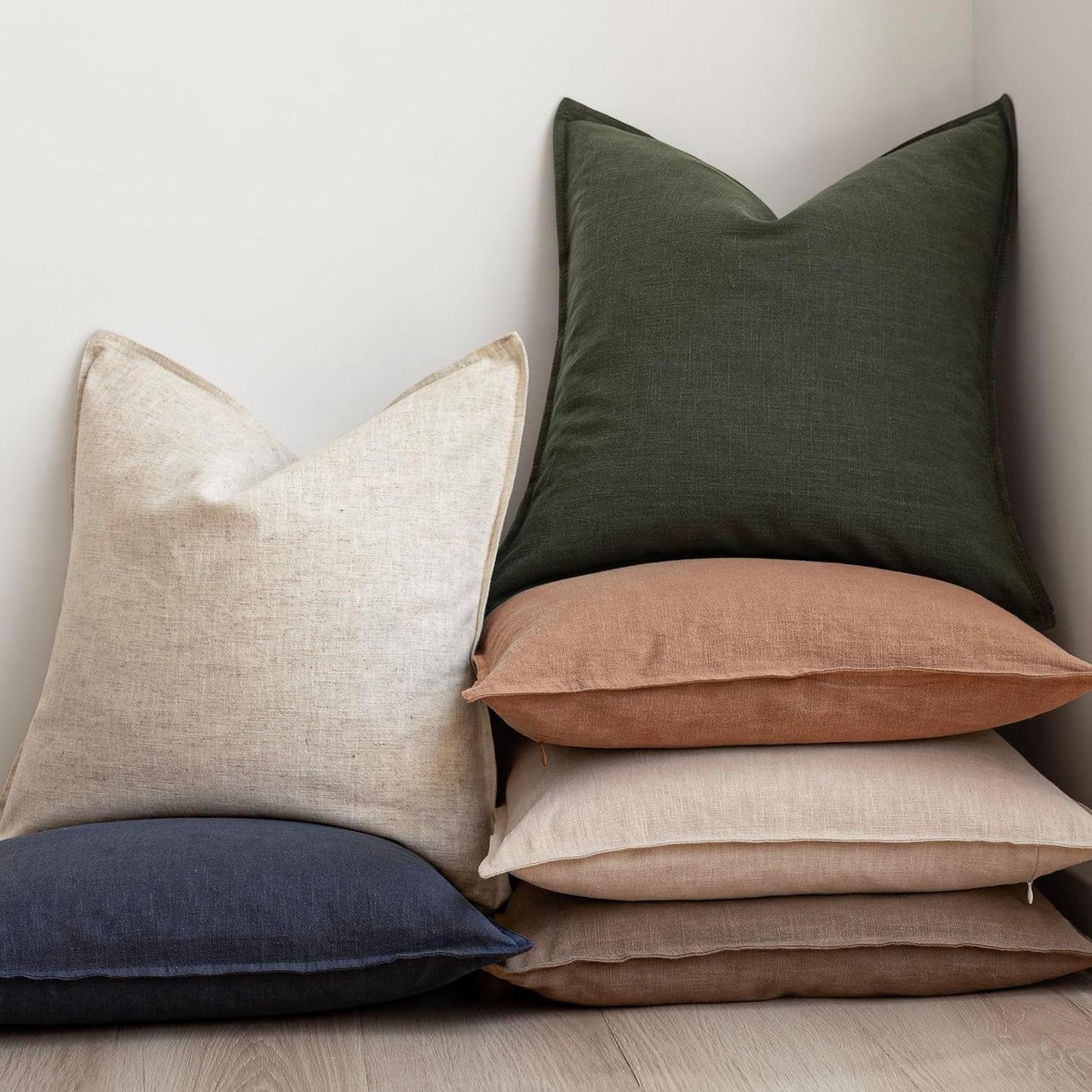 Foindtower Pack of 2, Decorative Linen Solid Throw Pillow Covers Soft Accent Cushion Case Farmhouse Neutral Pillowcase for Chair Couch Sofa Bedroom Living Room Home Decor 24 x 24 Inch Dark Olive Green