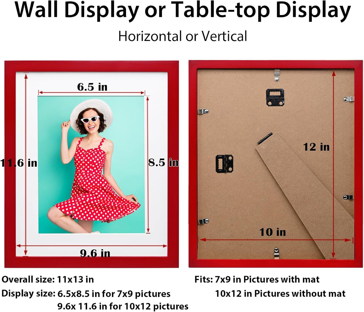 KINLINK 10x12 Picture Frame Red, Solid Wood Frames with Acrylic Plexiglass for 7x9 with Mat or 10x12 without Mat, Tabletop and Wall Mounting Display, 4 Pack