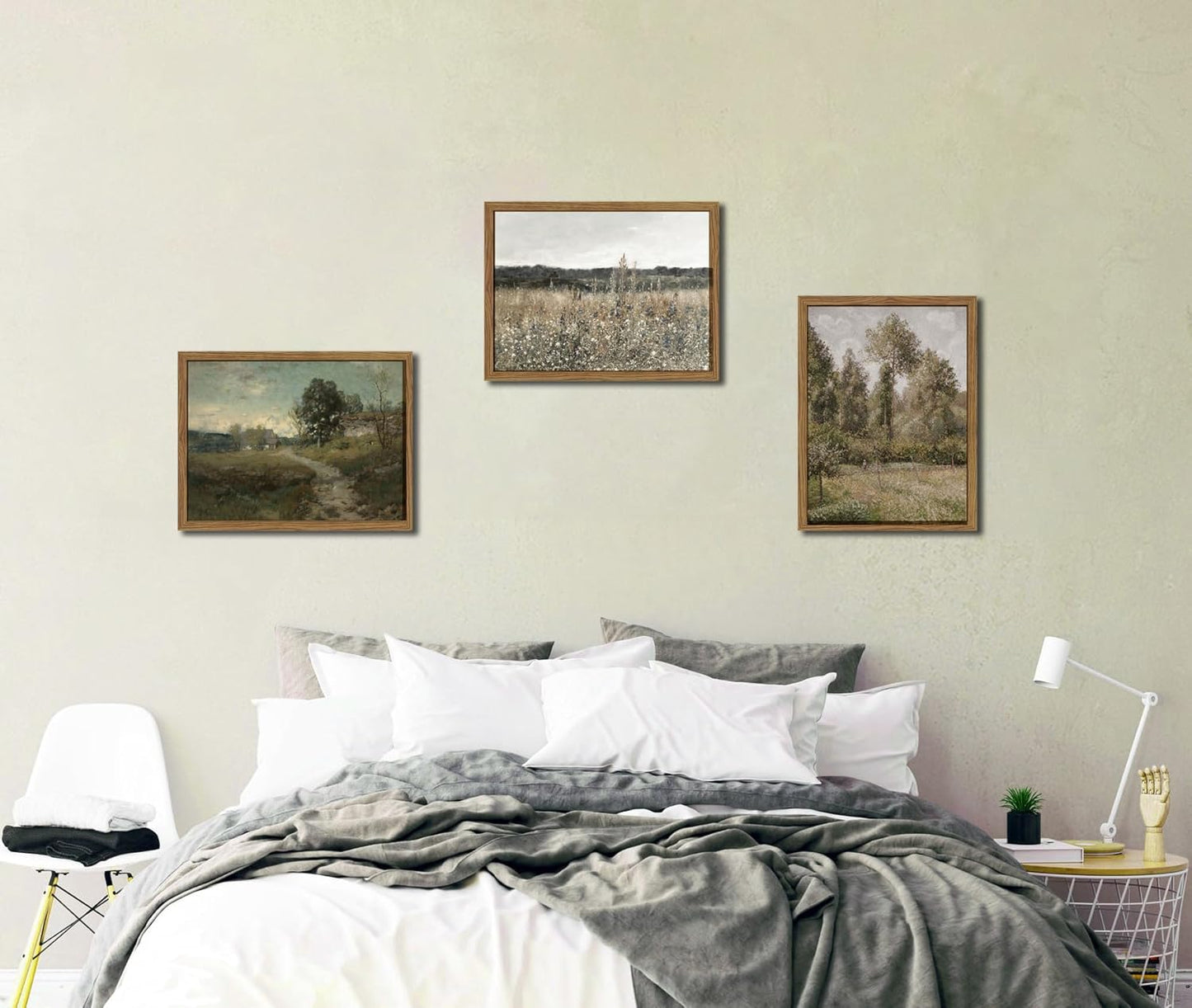 Hwetui Vintage Landscape Canvas Wall Art Framed Set of 3 Wildflower Field Poster Retro Rustic Farmhouse Prints Classical Nature Oil Painting Picture Home Decor for Living Room Bedroom Office 12x16in