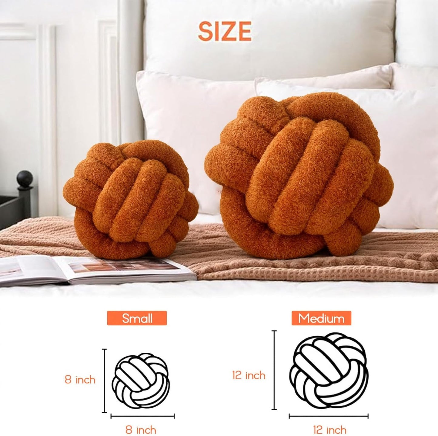 Knot Pillow Ball Plush - Decorative Throw Pillows for Bed Relieve Stress, Round Knot Cushion for Sofa Decor Pet Toy, Brown 8 inch