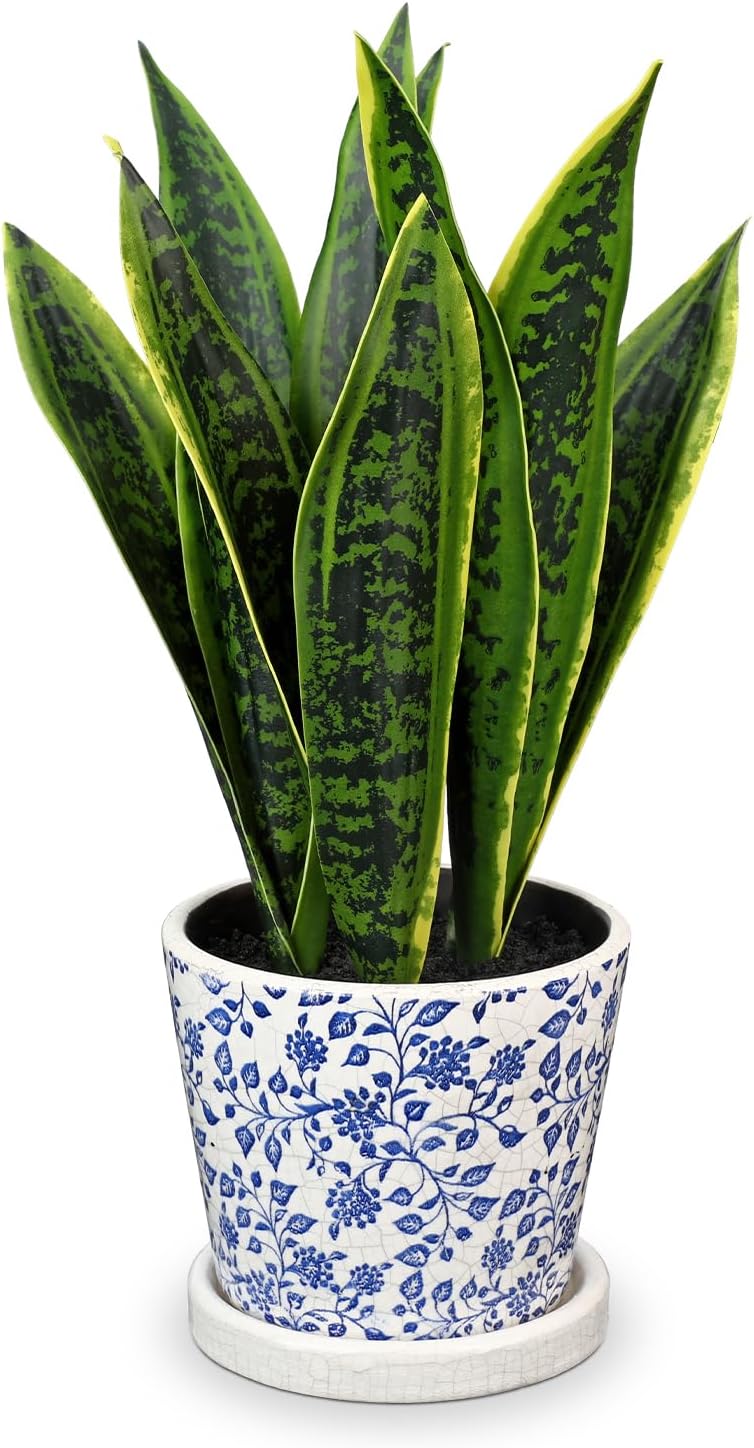 Fake Plants 15.7" Artificial Snake Plant Faux Plants in Blue and White Pot Tropical Sansevieria Silk Plant Fake Potted Plants Indoor for Home Living Room Bathroom Office Housewarming Gift Decor