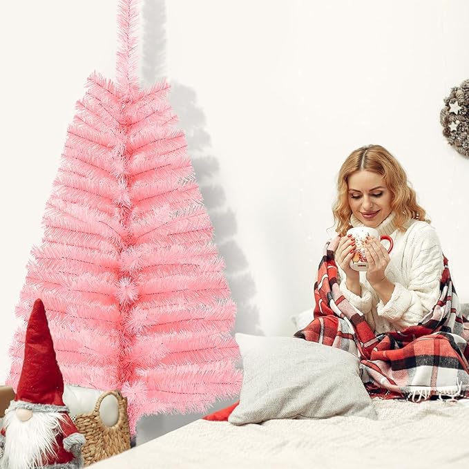 3Ft Artificial Christmas Tree Pink Tabletop Christmas Tree with Plastic Stand Mini Xmas Pine Tree for Indoor Outdoor Holiday Home Decoration