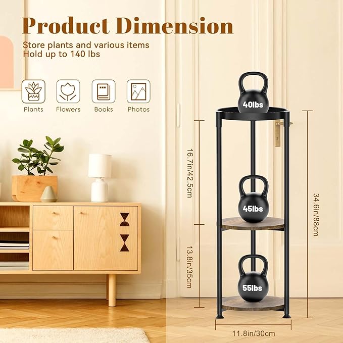 KMOTASUO 3 Tier Black Plant Stand Indoor for Large Tall Heavy Duty Planter, Multiple Sturdy Metal Flower Corner Rack for Narrow House Floor, Iron Vertical Level Round Orchi Holder Organizer, Modern
